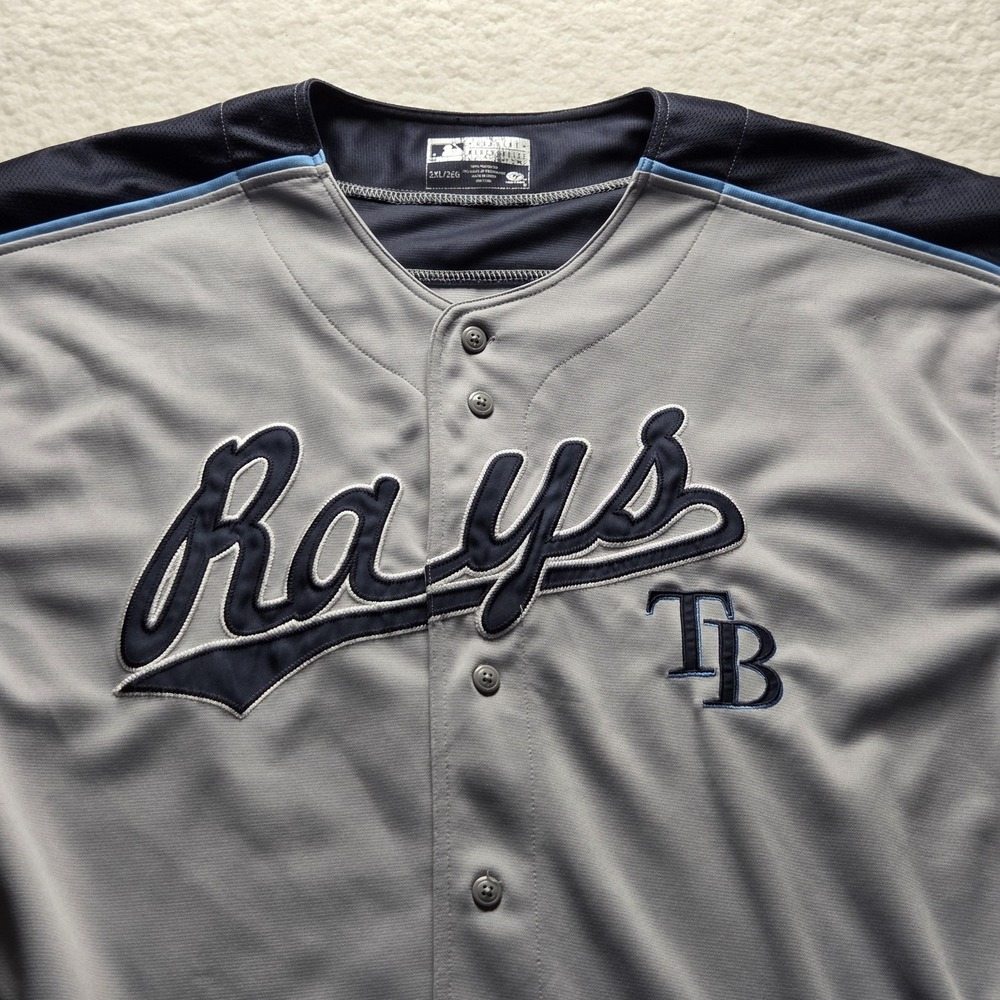Tampa Bay Rays Jersey Mens 2XL Gray MLB Baseball Script TB True Fan Button